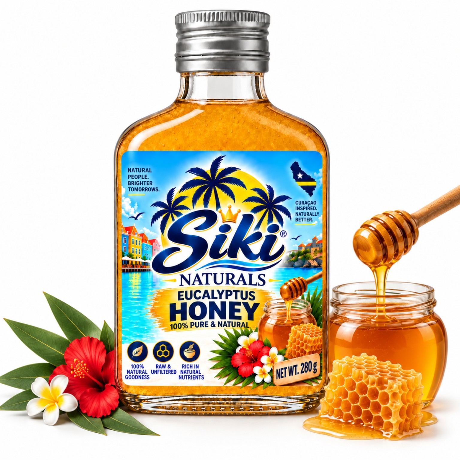 Siki Naturals eucalyptus honey with honeycomb and flowers