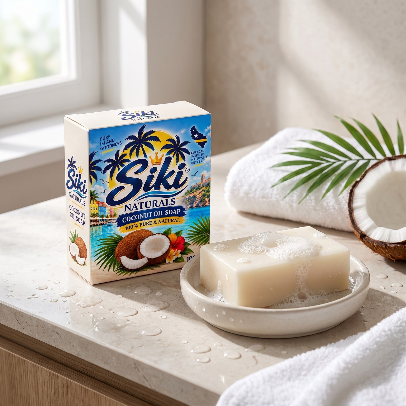 Siki coconut soap beside a creamy soap bar